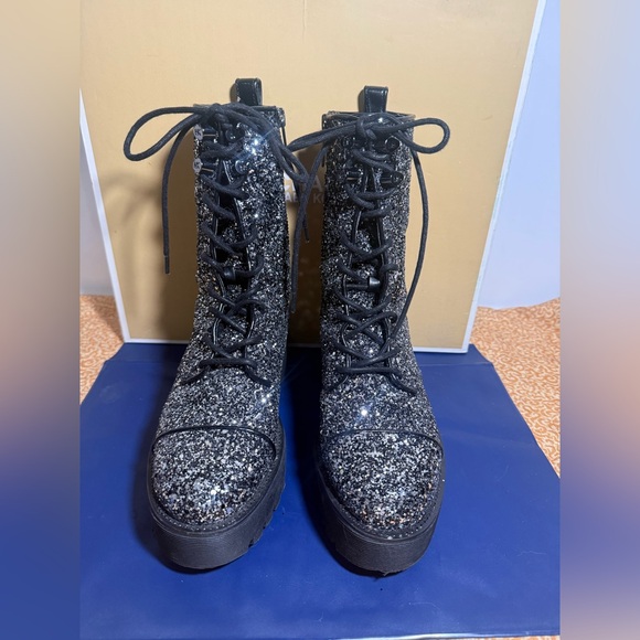 Michael Kors Black and Silver Lace Up Boots with Sparkling Elegance - Picture 1 of 10